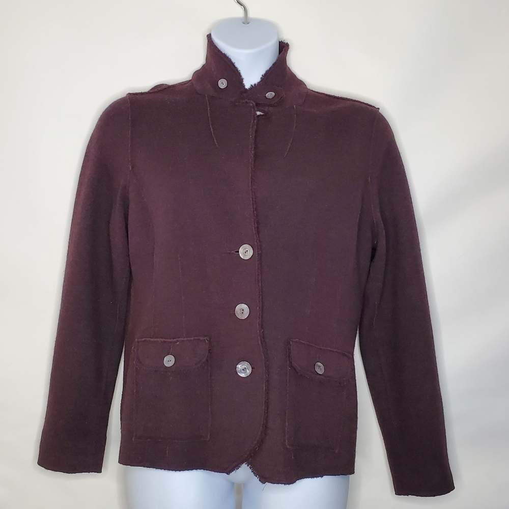 Eileen Fisher Merino Wool Jacket XL Button Up Pockets Burgundy Brown Old Money